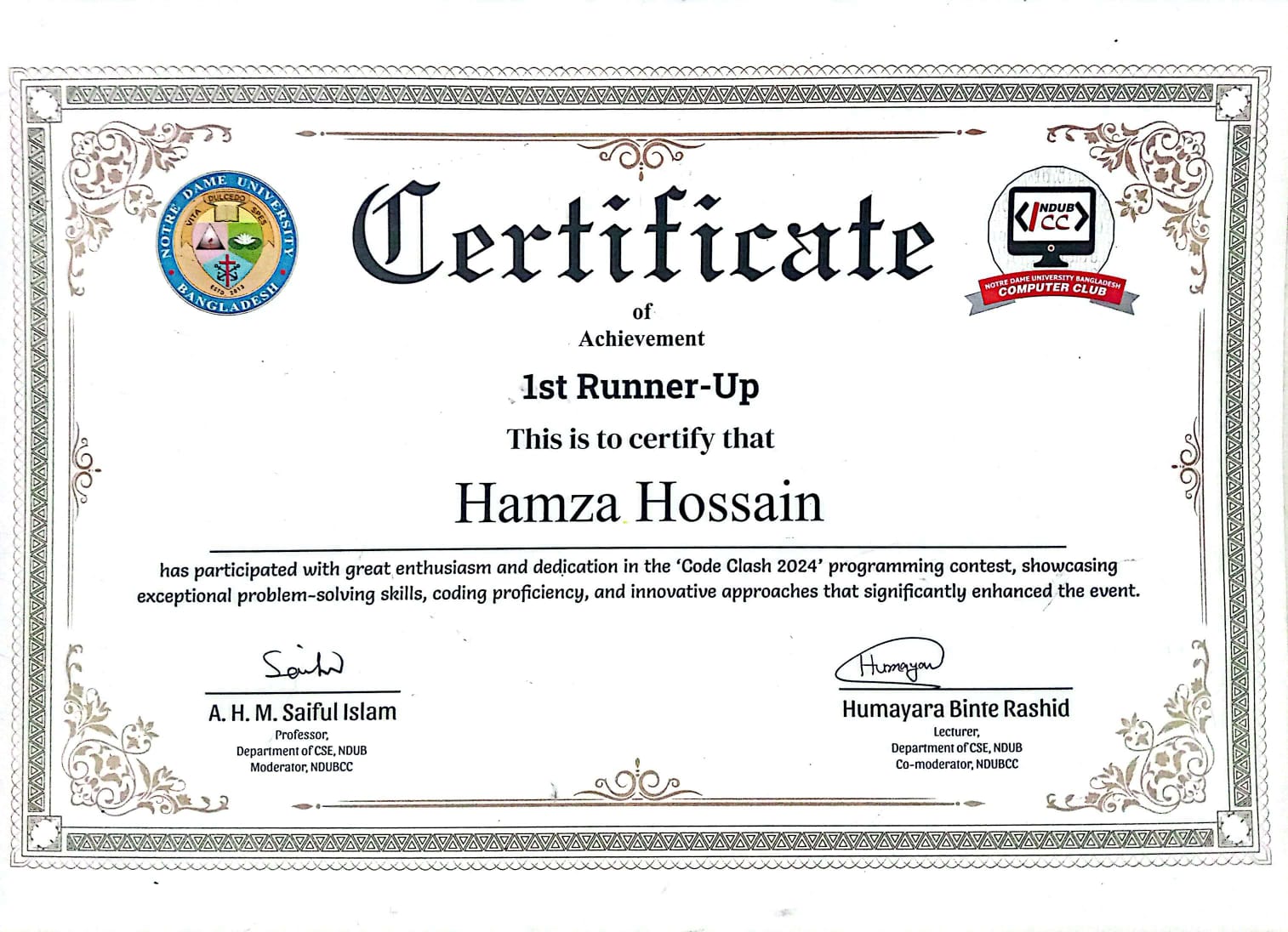 Runner Up Certificate