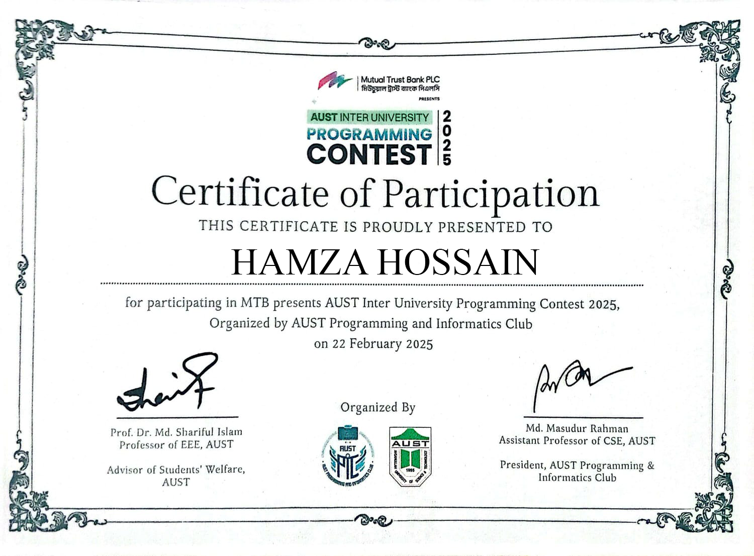 IUPC Contestant Certificate